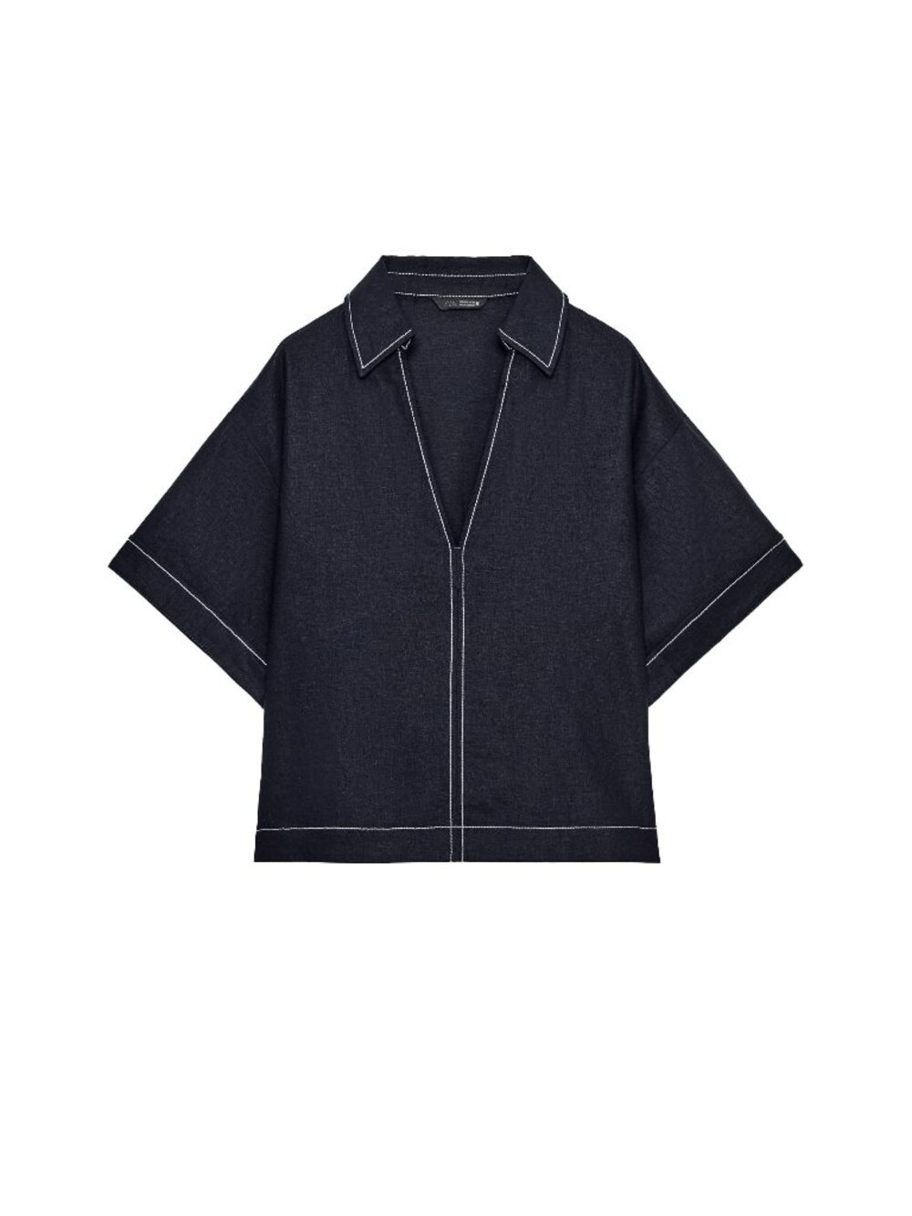 Zara Navy Contrast Stitch Linen Blend Oversized Shirt Size S